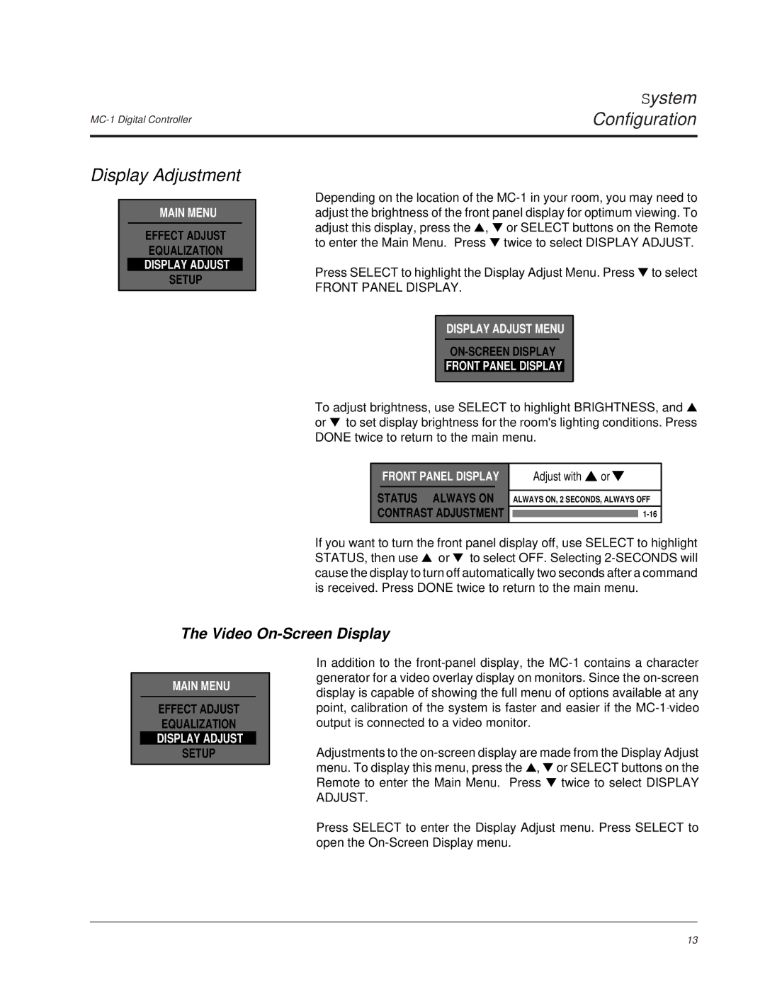 Lexicon MC-1 owner manual Display Adjustment, Video On-Screen Display, Display Adjust Menu, Front Panel Display 