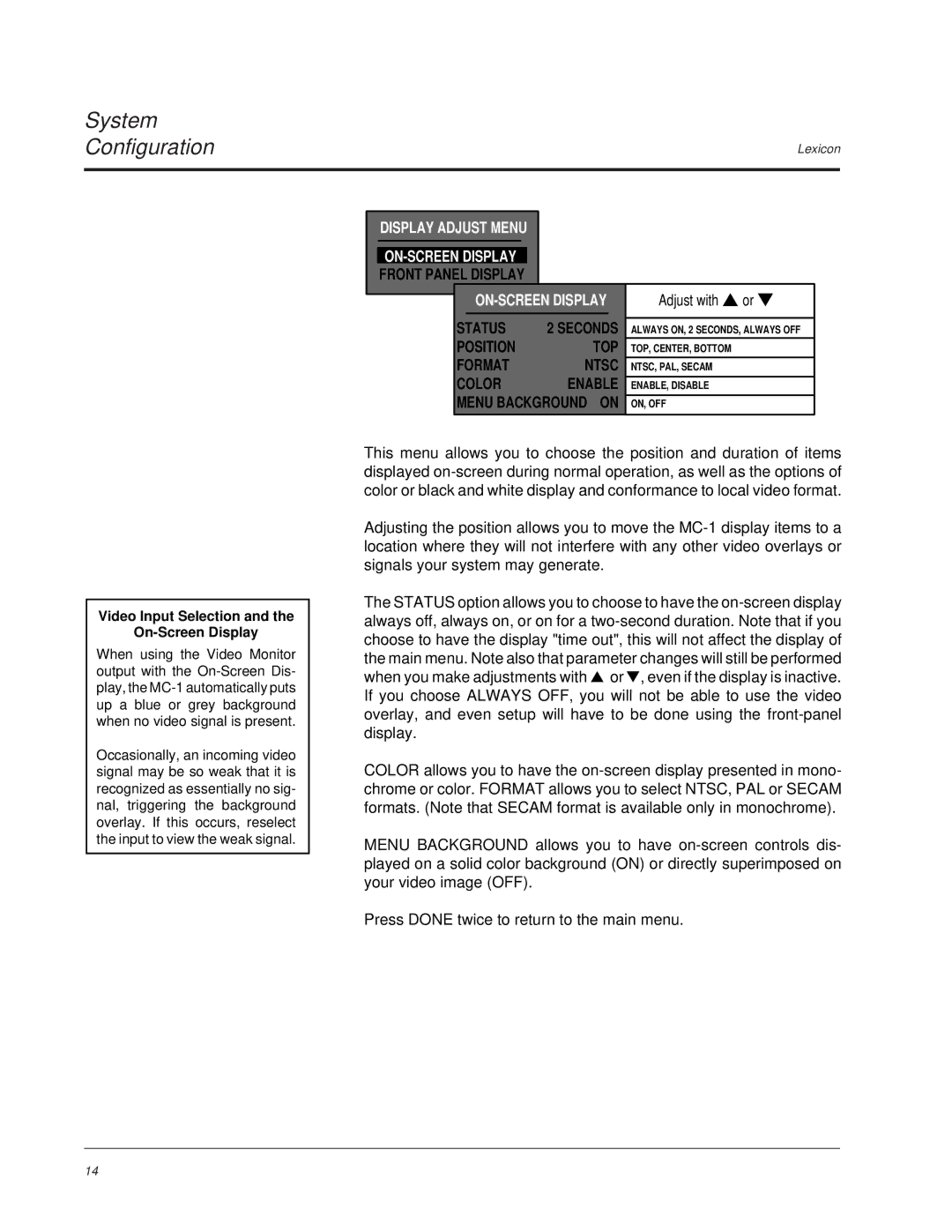 Lexicon MC-1 owner manual Display Adjust Menu ON-SCREEN Display 