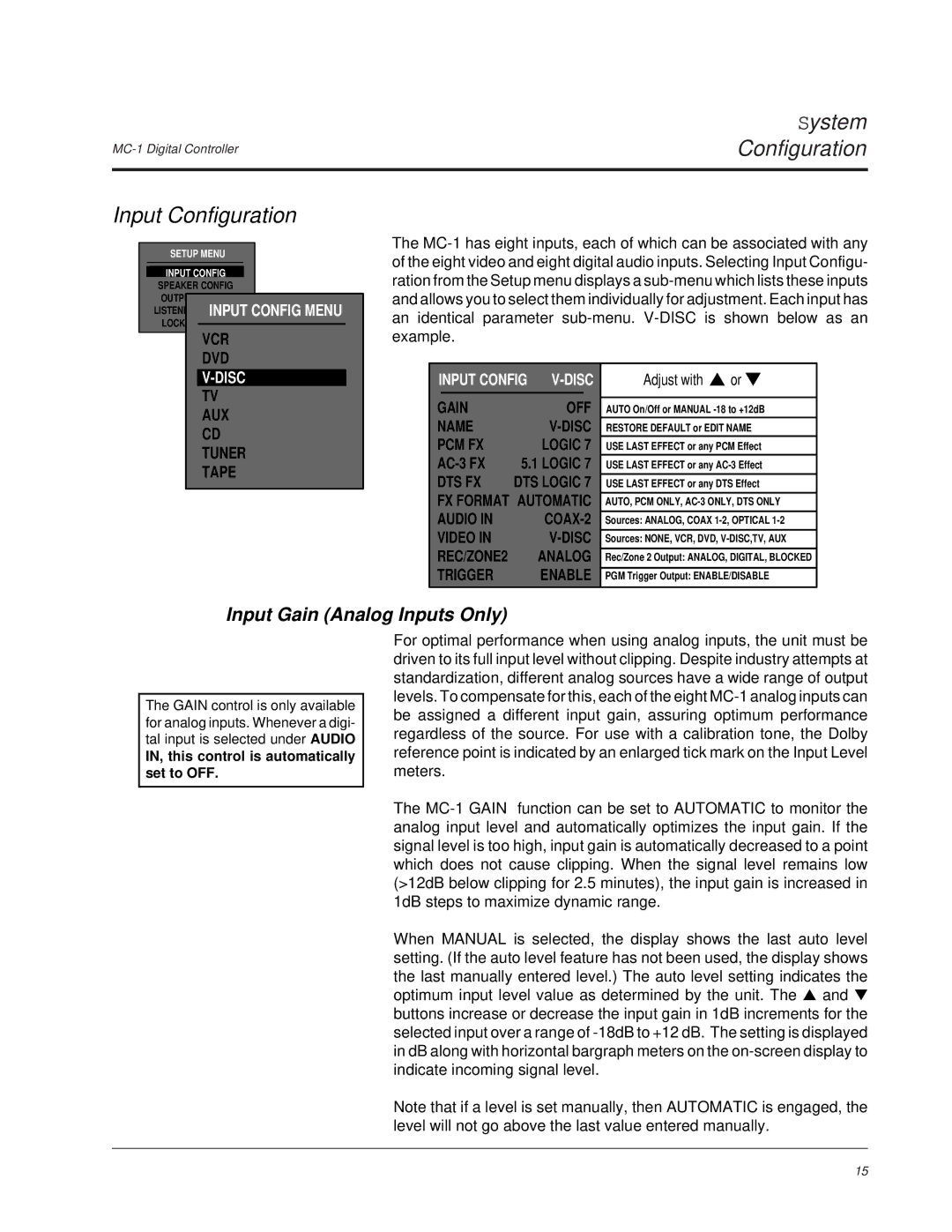 Lexicon MC-1 owner manual Input Configuration, Input Gain Analog Inputs Only 