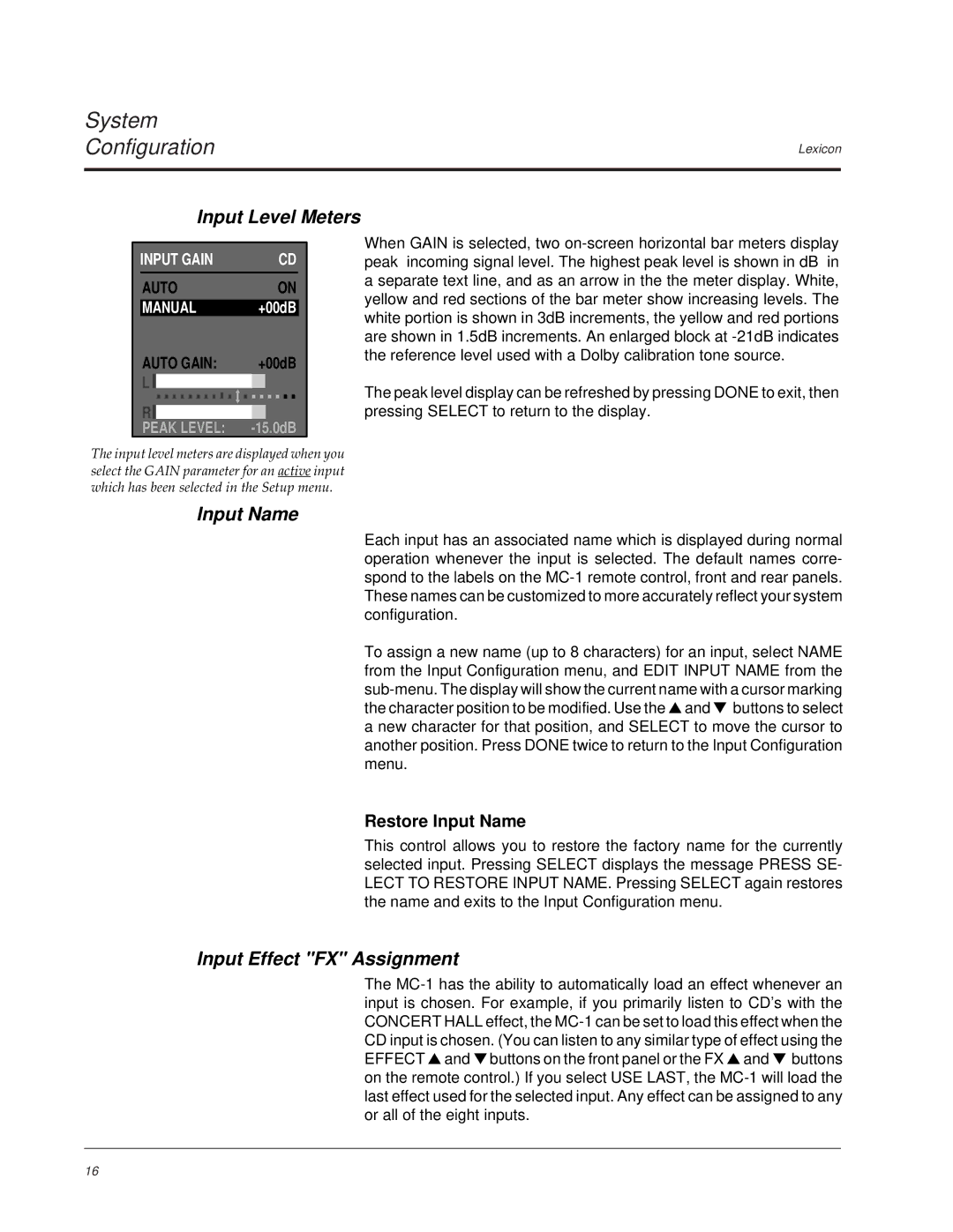 Lexicon MC-1 owner manual Input Level Meters, Input Effect FX Assignment, Restore Input Name 