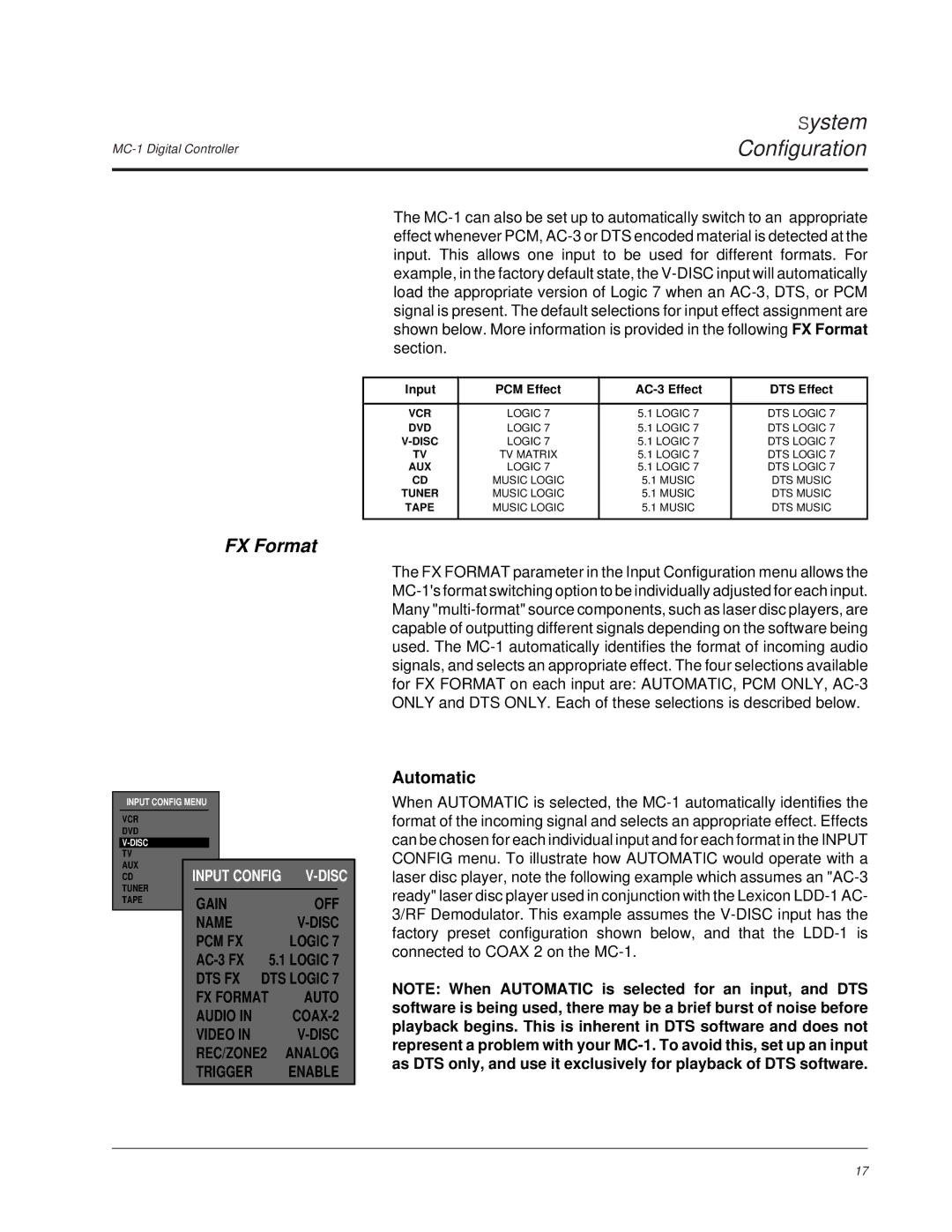 Lexicon MC-1 owner manual FX Format, Automatic, Disc 