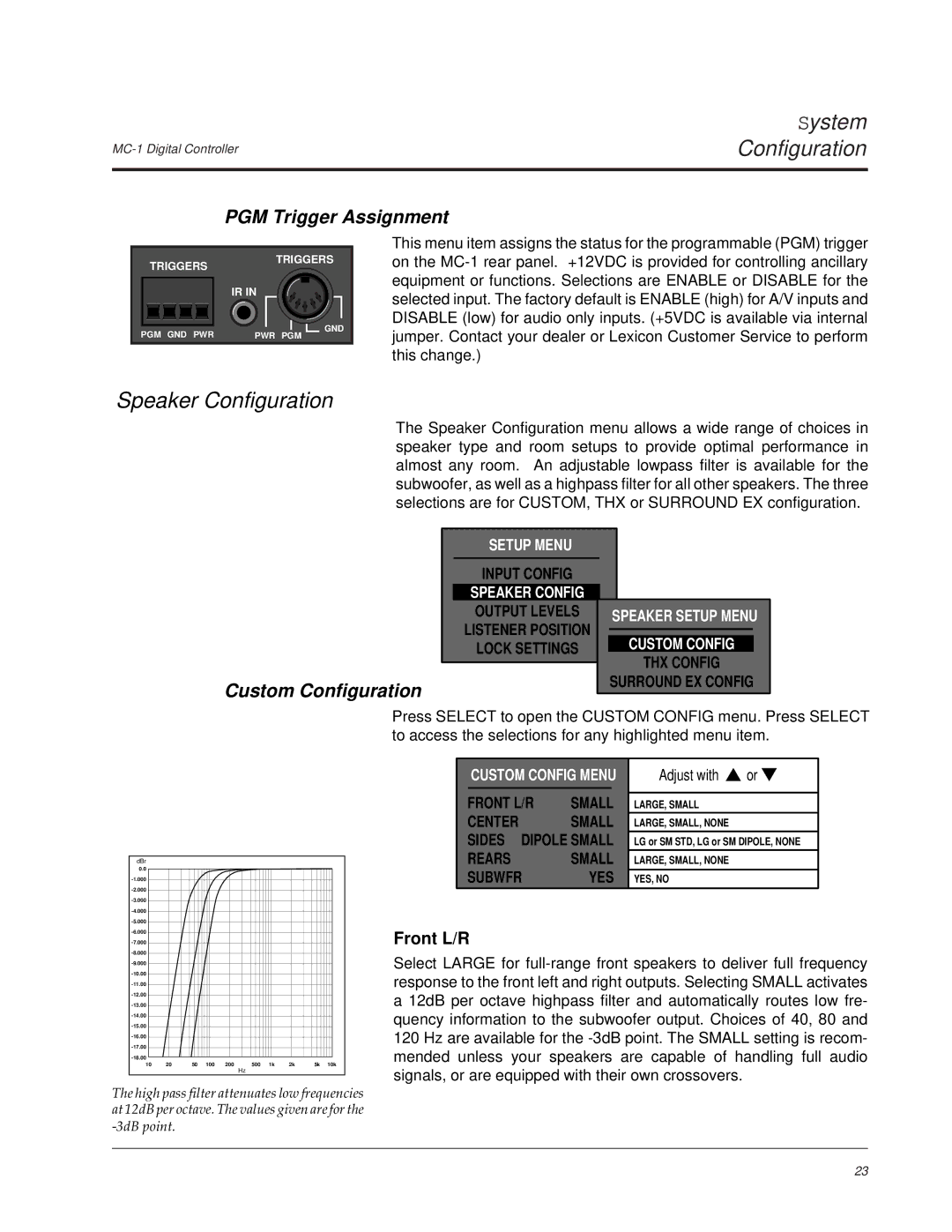 Lexicon MC-1 owner manual Speaker Configuration, PGM Trigger Assignment, Custom Configuration, Front L/R 