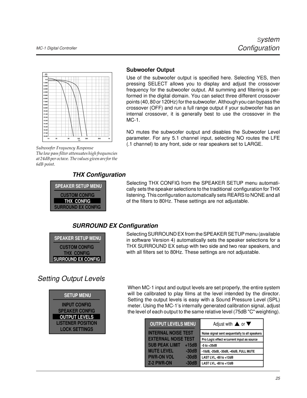 Lexicon MC-1 owner manual Setting Output Levels, THX Configuration, Surround EX Configuration, Subwoofer Output 