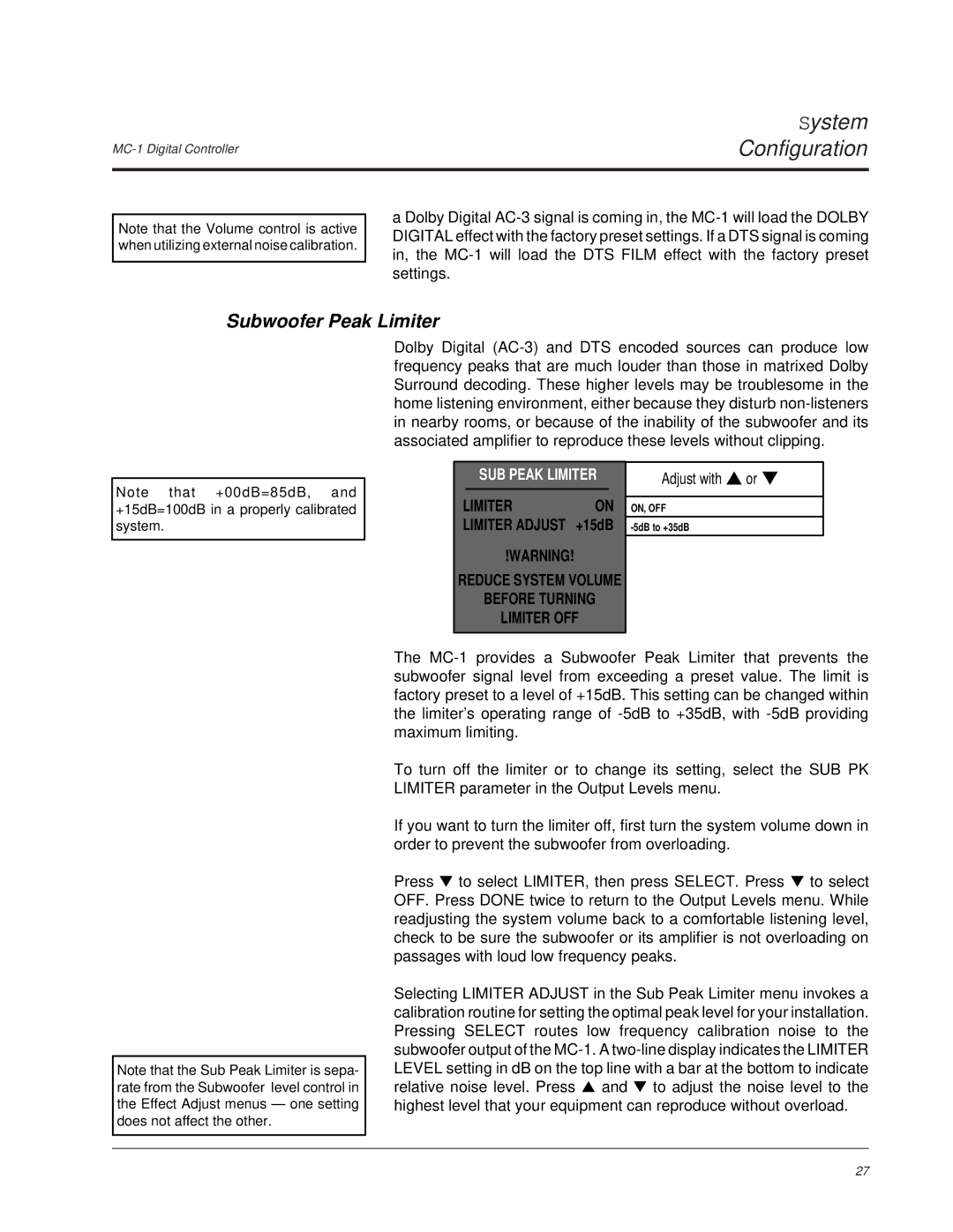 Lexicon MC-1 owner manual Subwoofer Peak Limiter 