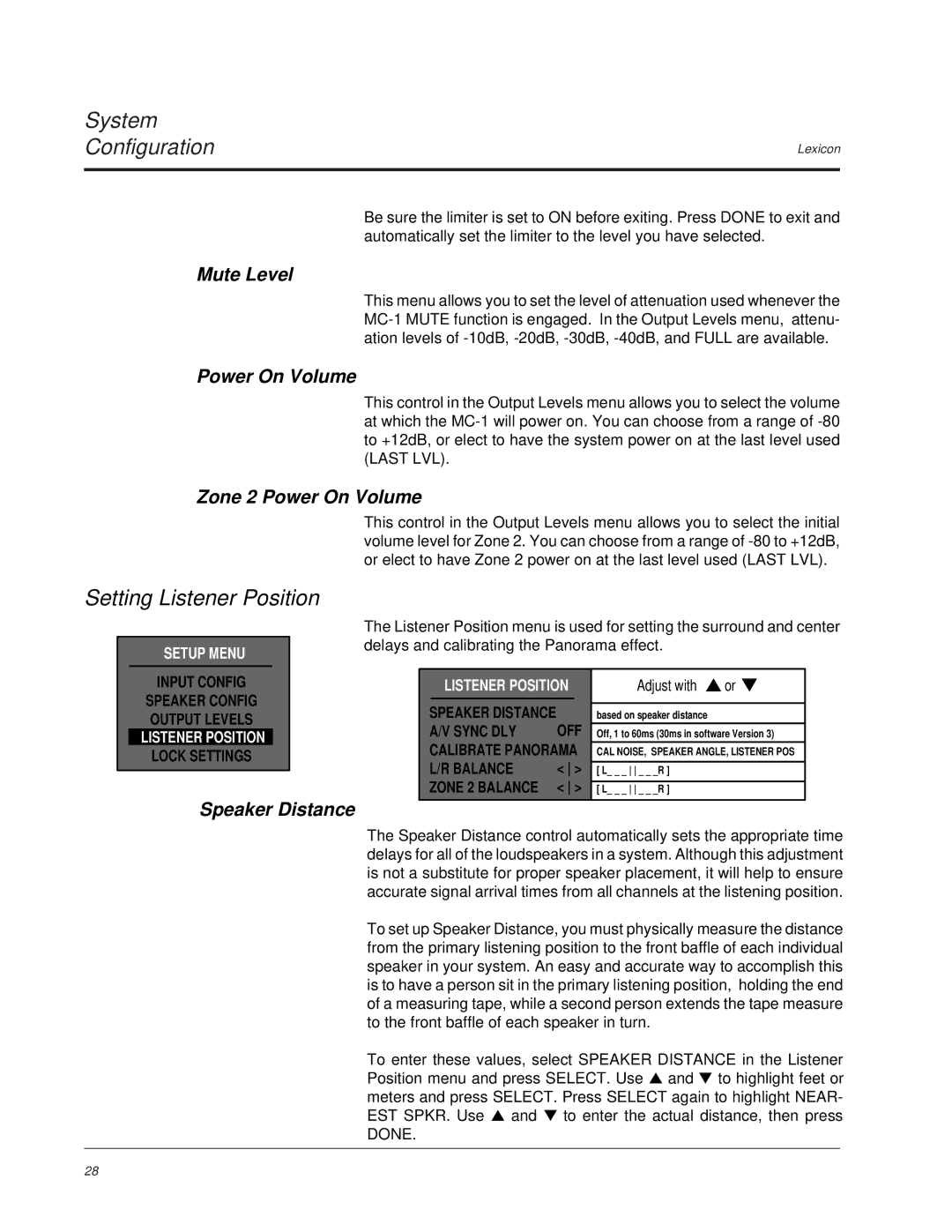 Lexicon MC-1 owner manual Setting Listener Position, Mute Level, Zone 2 Power On Volume, Speaker Distance 