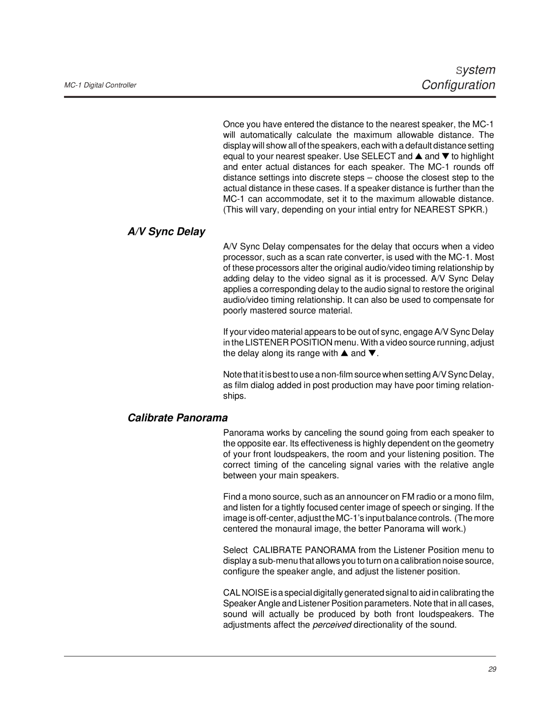 Lexicon MC-1 owner manual Sync Delay, Calibrate Panorama 