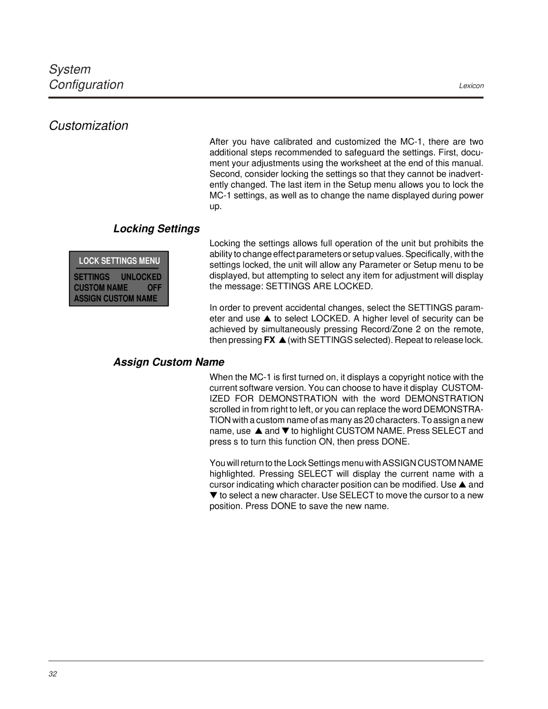 Lexicon MC-1 owner manual Customization, Locking Settings, Assign Custom Name, Lock Settings Menu 