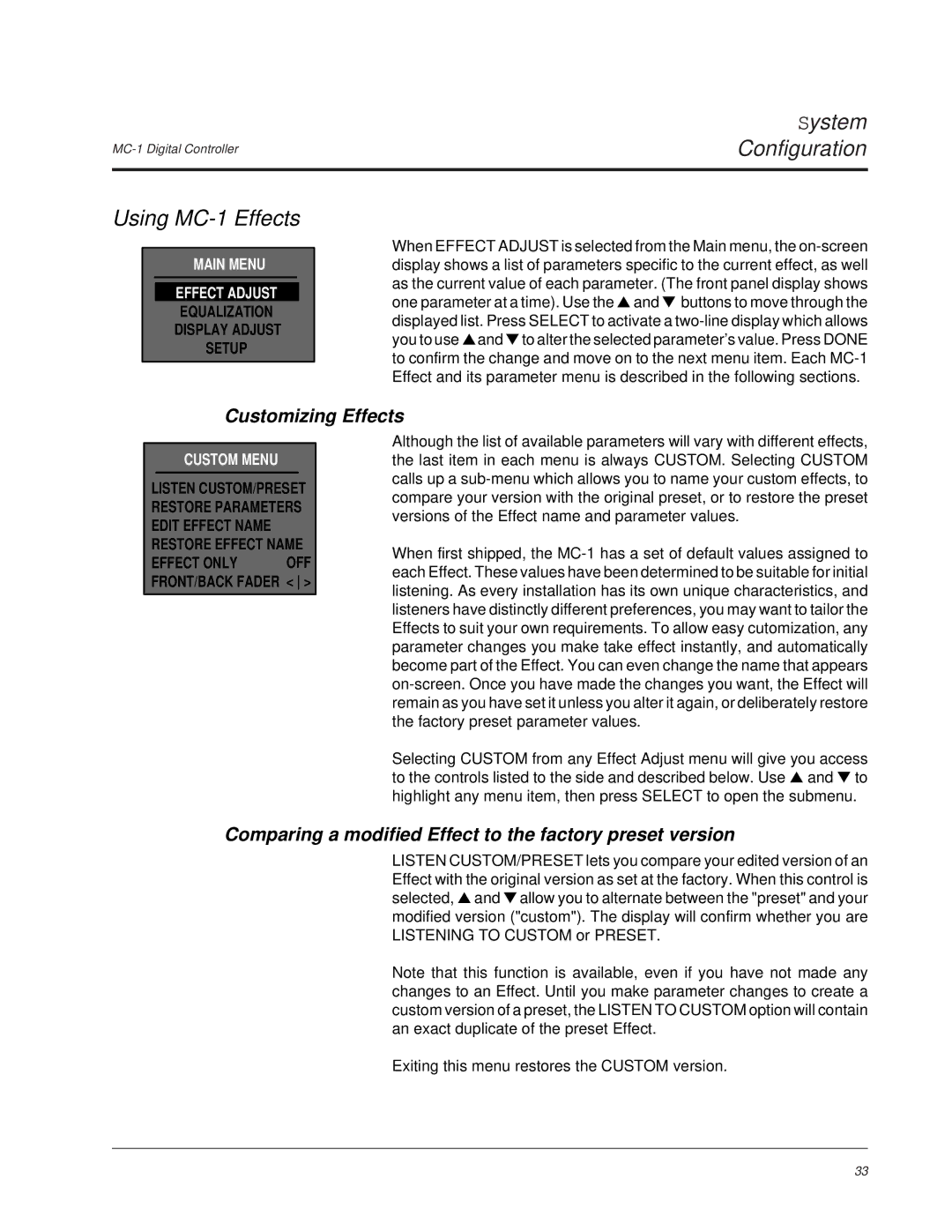 Lexicon Using MC-1 Effects, Customizing Effects, Comparing a modified Effect to the factory preset version, Custom Menu 