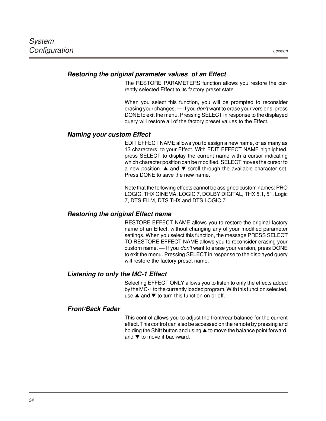 Lexicon MC-1 owner manual Restoring the original parameter values of an Effect, Naming your custom Effect, Front/Back Fader 