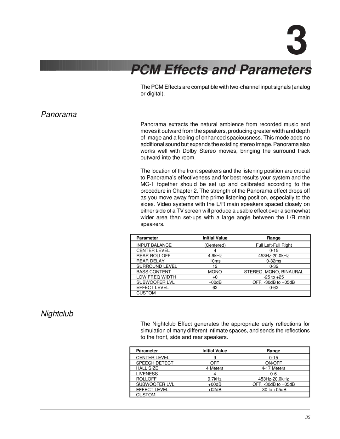 Lexicon MC-1 owner manual PCM Effects and Parameters3, Panorama, Nightclub 