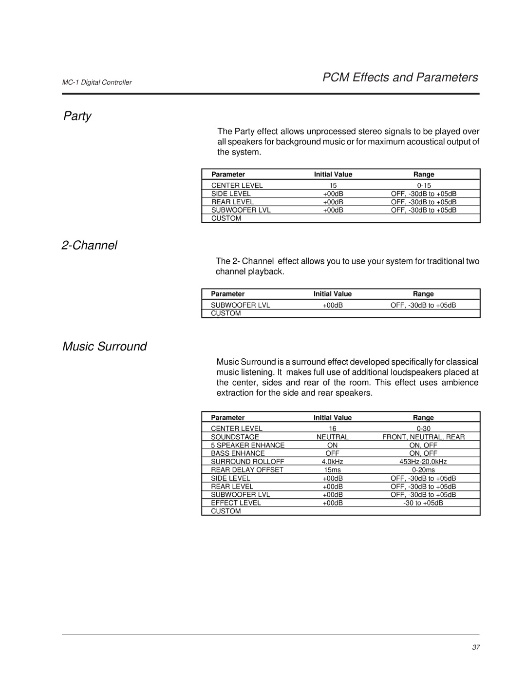 Lexicon MC-1 owner manual PCM Effects and Parameters Party, Channel, Music Surround 