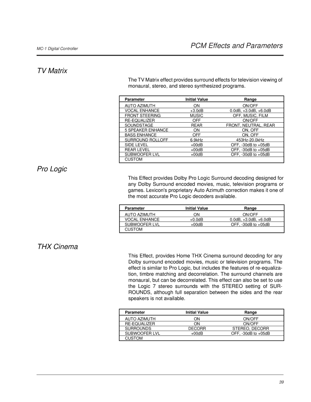 Lexicon MC-1 owner manual PCM Effects and Parameters TV Matrix, Pro Logic, THX Cinema 