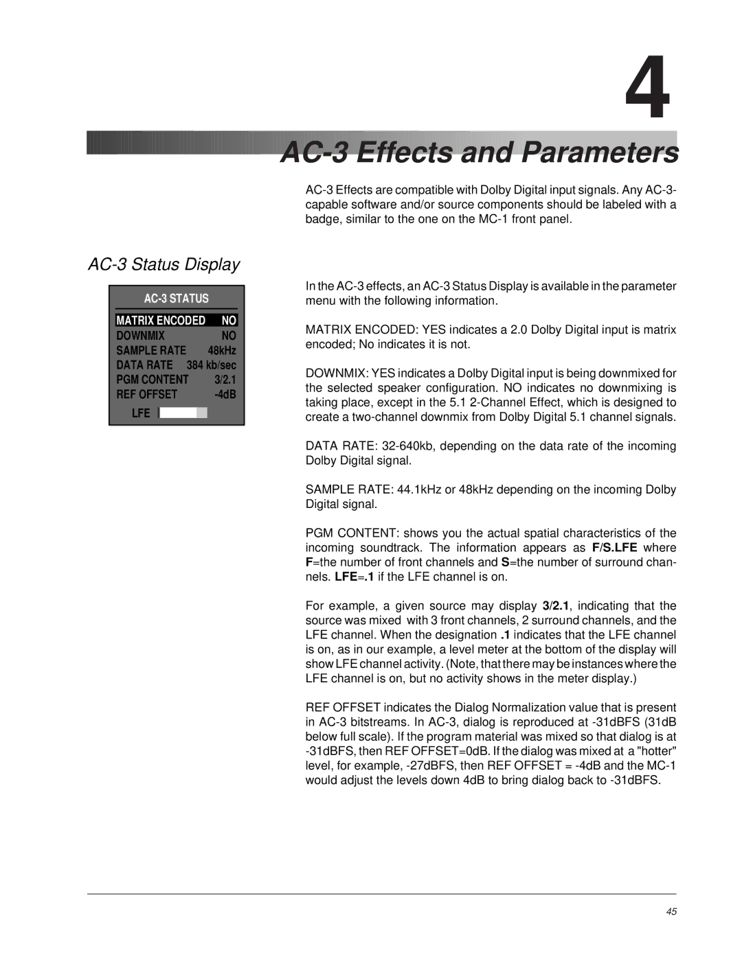 Lexicon MC-1 owner manual AC-3 Effects and Parameters4, AC-3 Status Display 