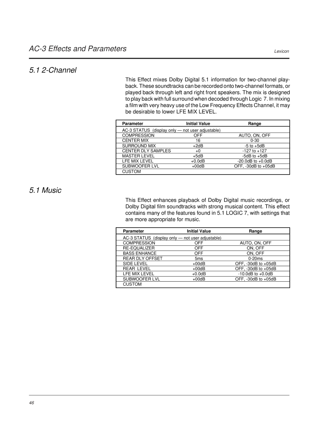 Lexicon MC-1 owner manual AC-3 Effects and Parameters 2-Channel, Music 