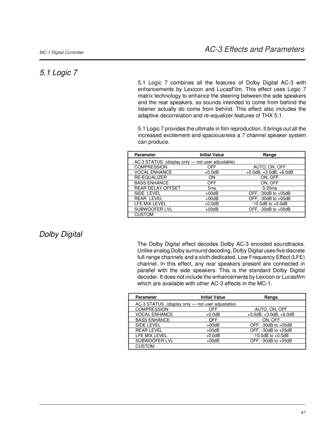 Lexicon MC-1 owner manual AC-3 Effects and Parameters Logic, Dolby Digital 