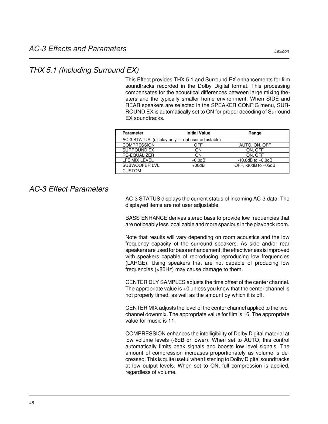 Lexicon MC-1 owner manual AC-3 Effects and Parameters, THX 5.1 Including Surround EX, AC-3 Effect Parameters 