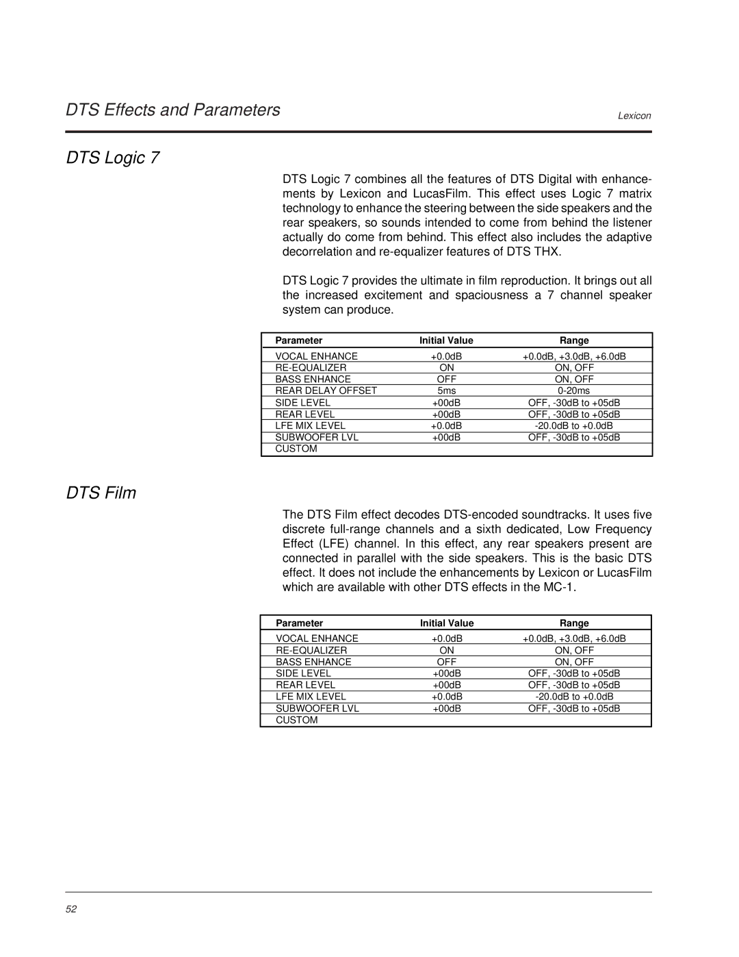 Lexicon MC-1 owner manual DTS Effects and Parameters DTS Logic, DTS Film 