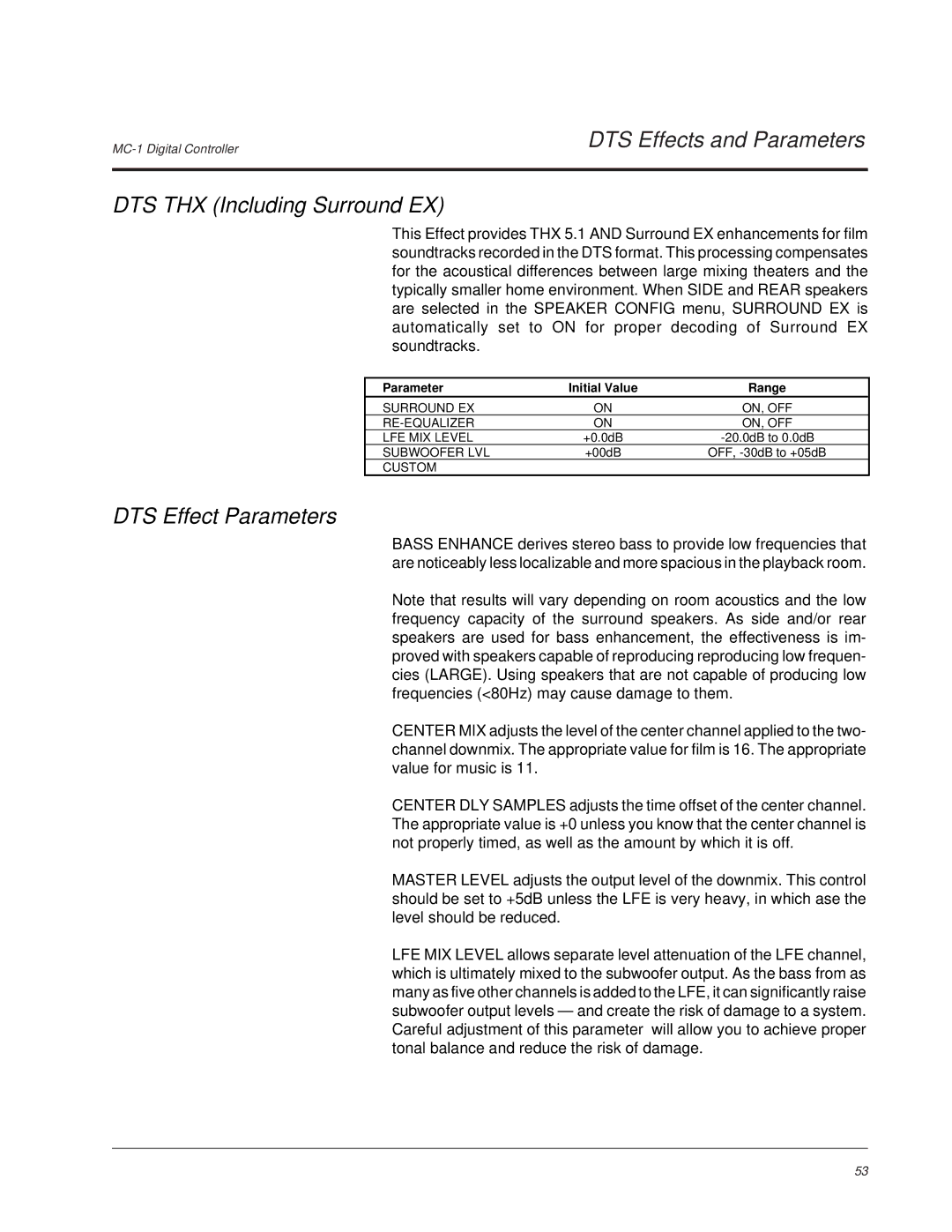 Lexicon MC-1 owner manual DTS Effects and Parameters DTS THX Including Surround EX, DTS Effect Parameters 