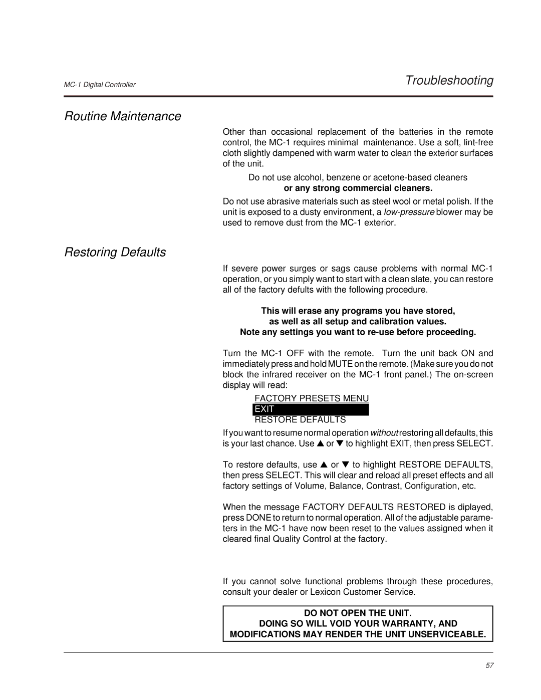 Lexicon MC-1 owner manual Troubleshooting Routine Maintenance, Restoring Defaults 