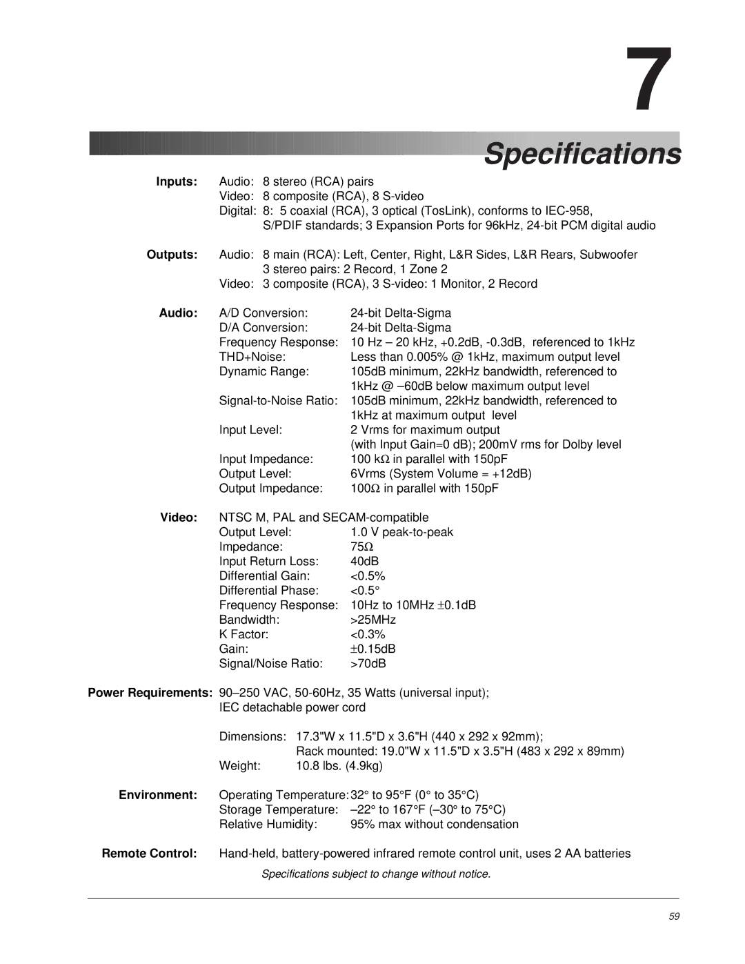 Lexicon MC-1 owner manual Specifications 