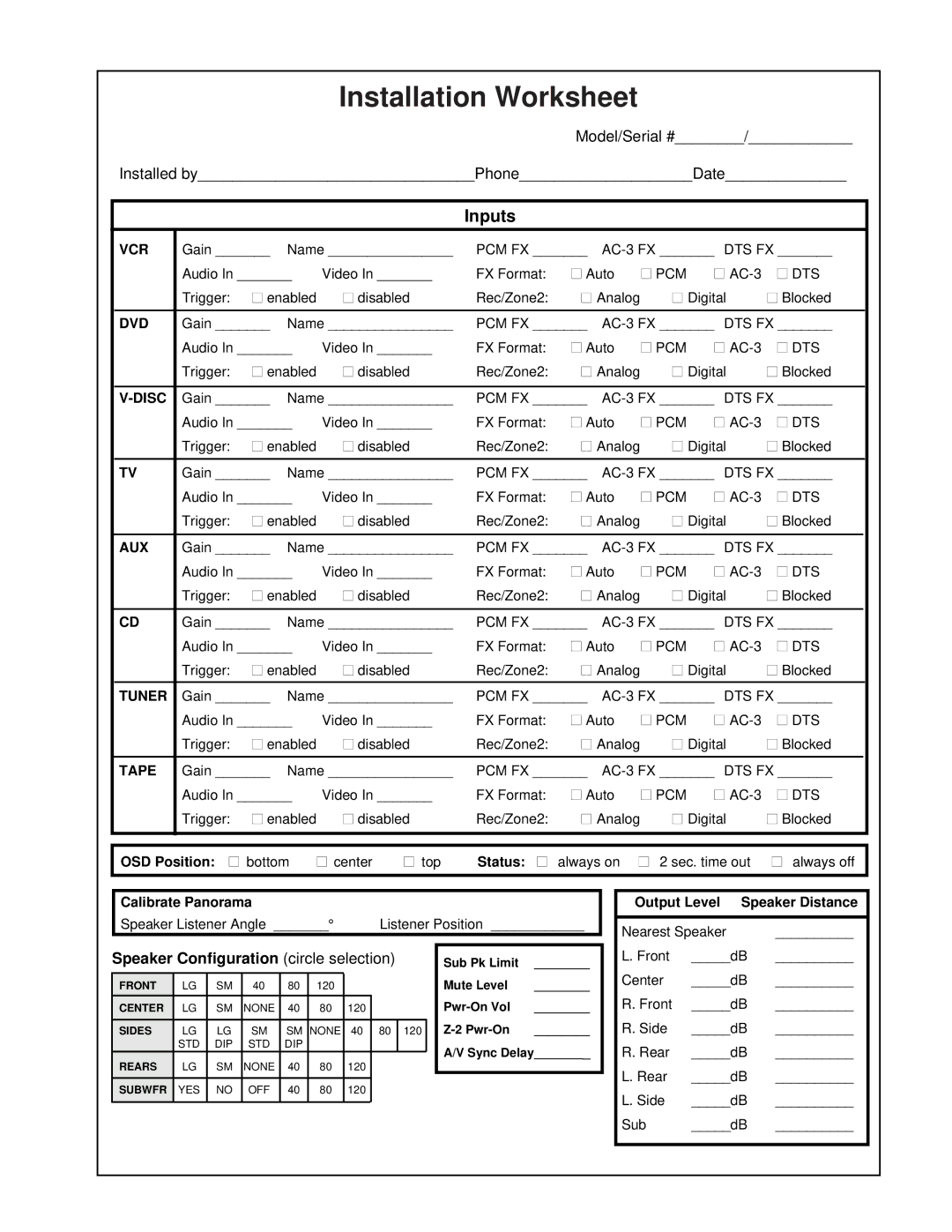 Lexicon MC-1 owner manual Installation Worksheet, Inputs 