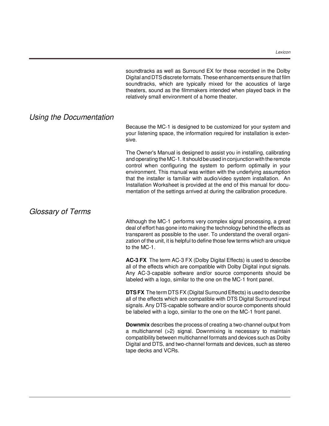 Lexicon MC-1 owner manual Using the Documentation, Glossary of Terms 