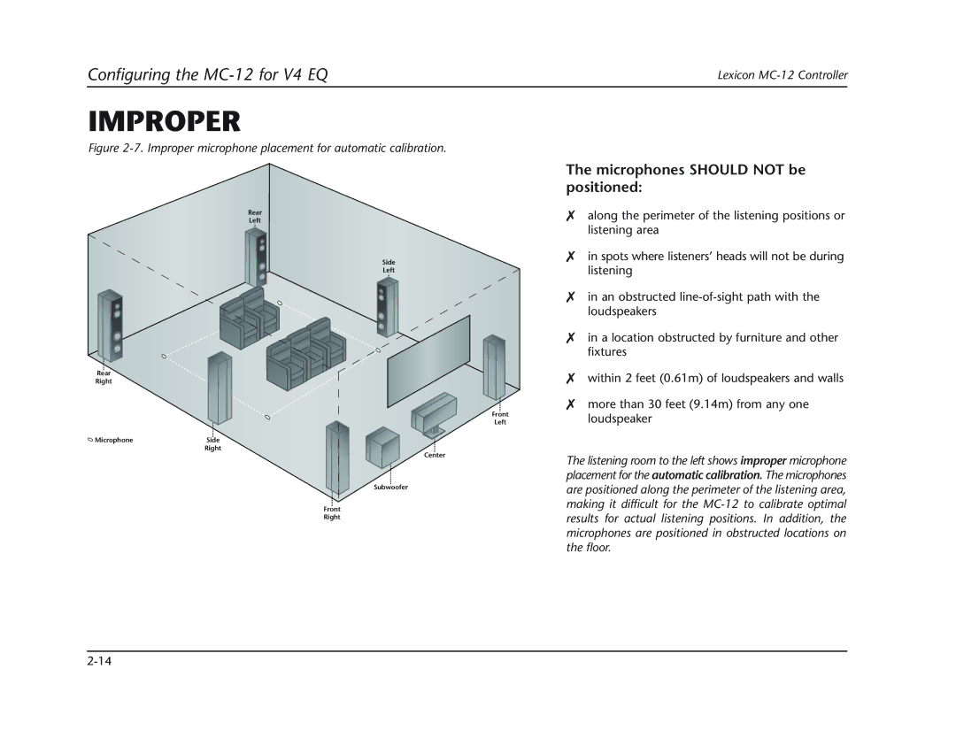 Lexicon MC-12 manual Improper microphone placement for automatic calibration 