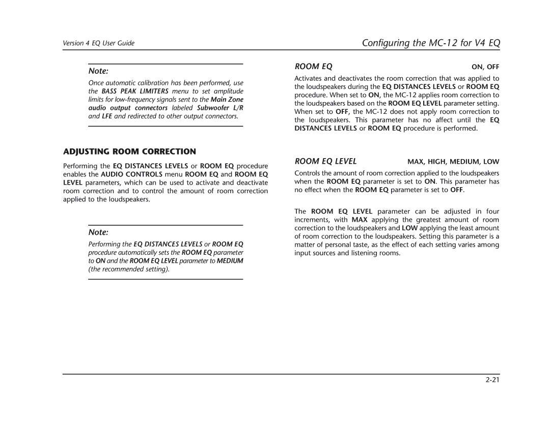 Lexicon MC-12 manual Room EQ, Adjusting Room Correction 