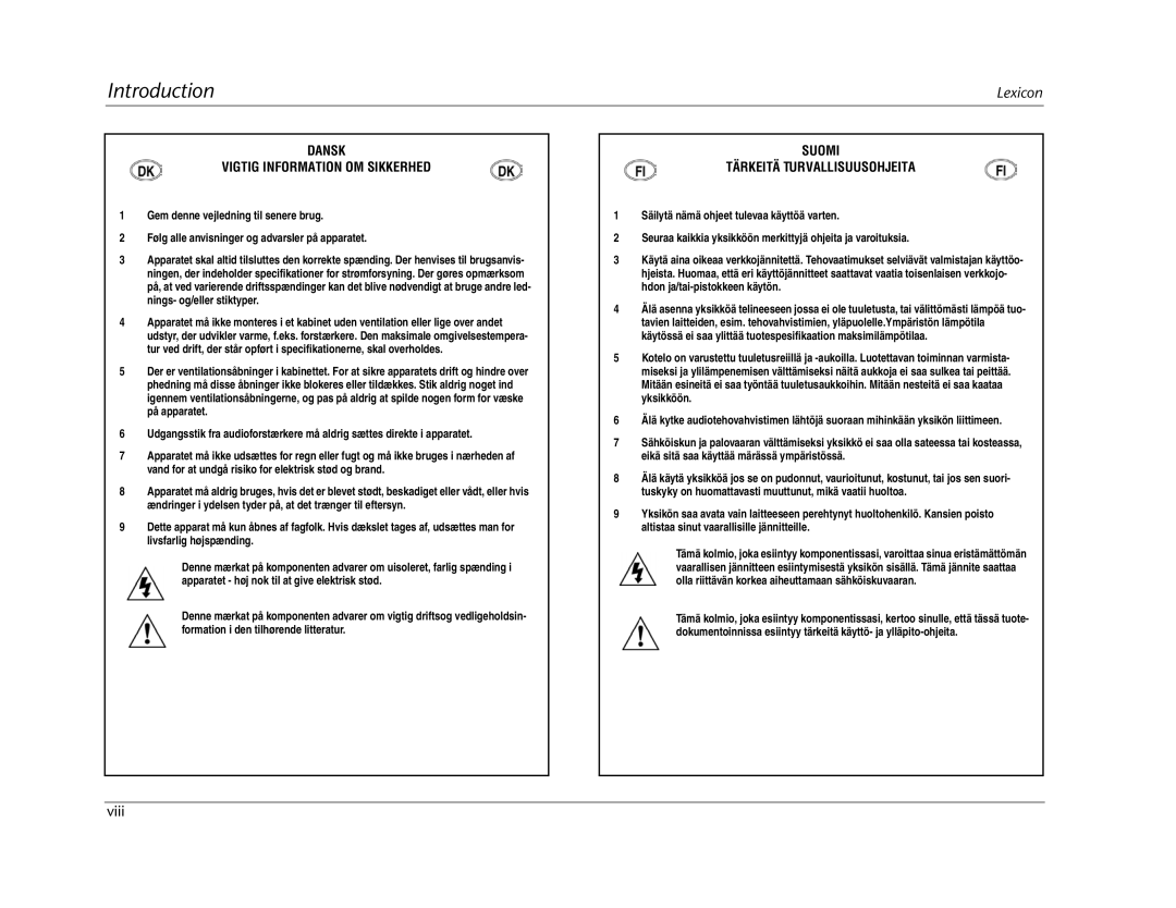 Lexicon MC-12 manual Dansk Vigtig Information OM Sikkerhed 