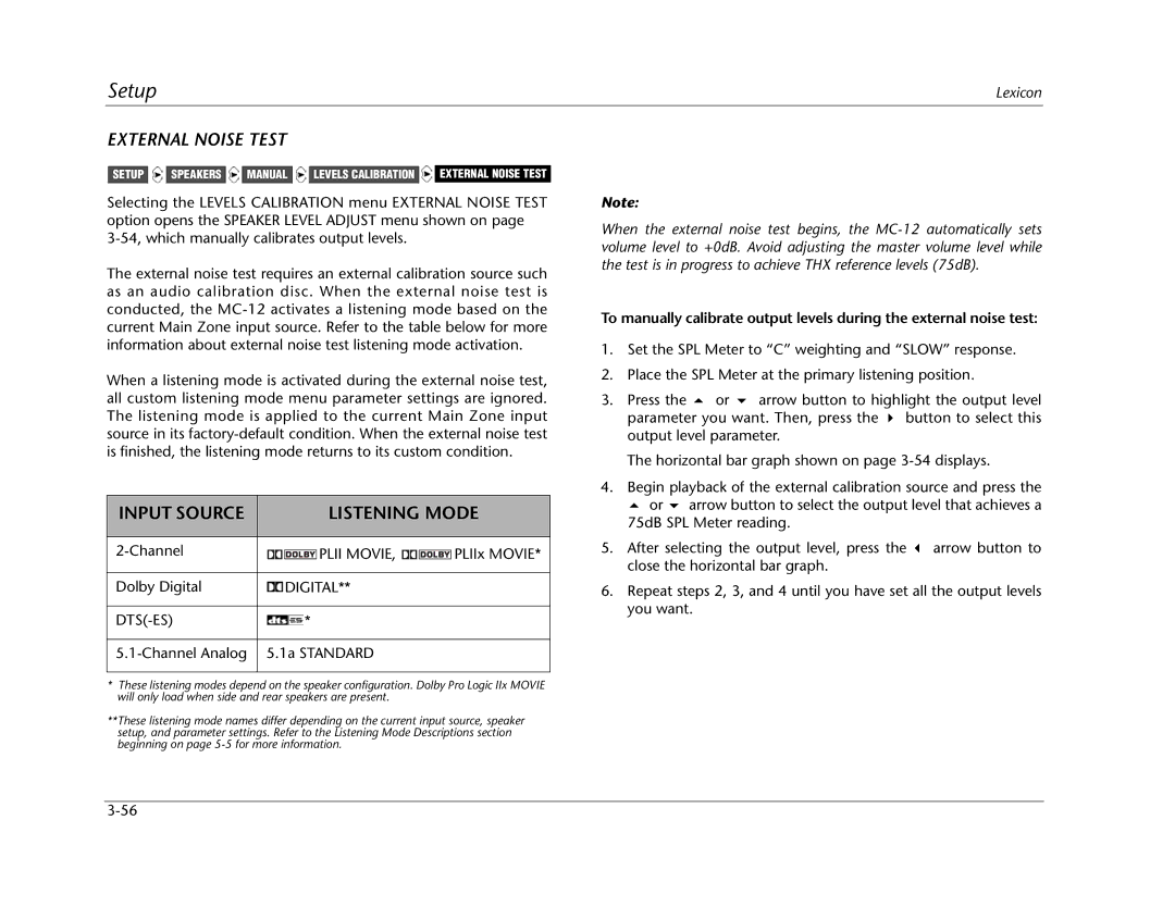 Lexicon MC-12 manual External Noise Test, Input Source Listening Mode, Plii Movie, Digital DTS-ES 