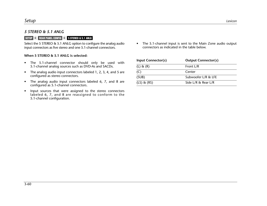 Lexicon MC-12 manual When 5 Stereo & 5.1 Anlg is selected, Input Connectors Output Connectors 