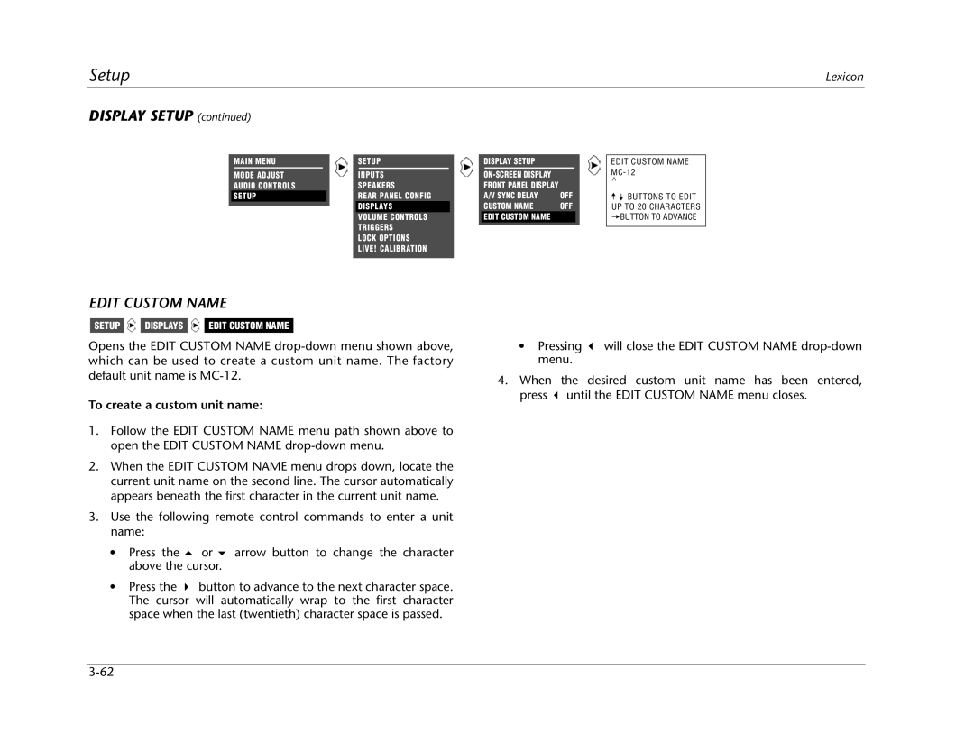 Lexicon MC-12 manual Edit Custom Name, To create a custom unit name 