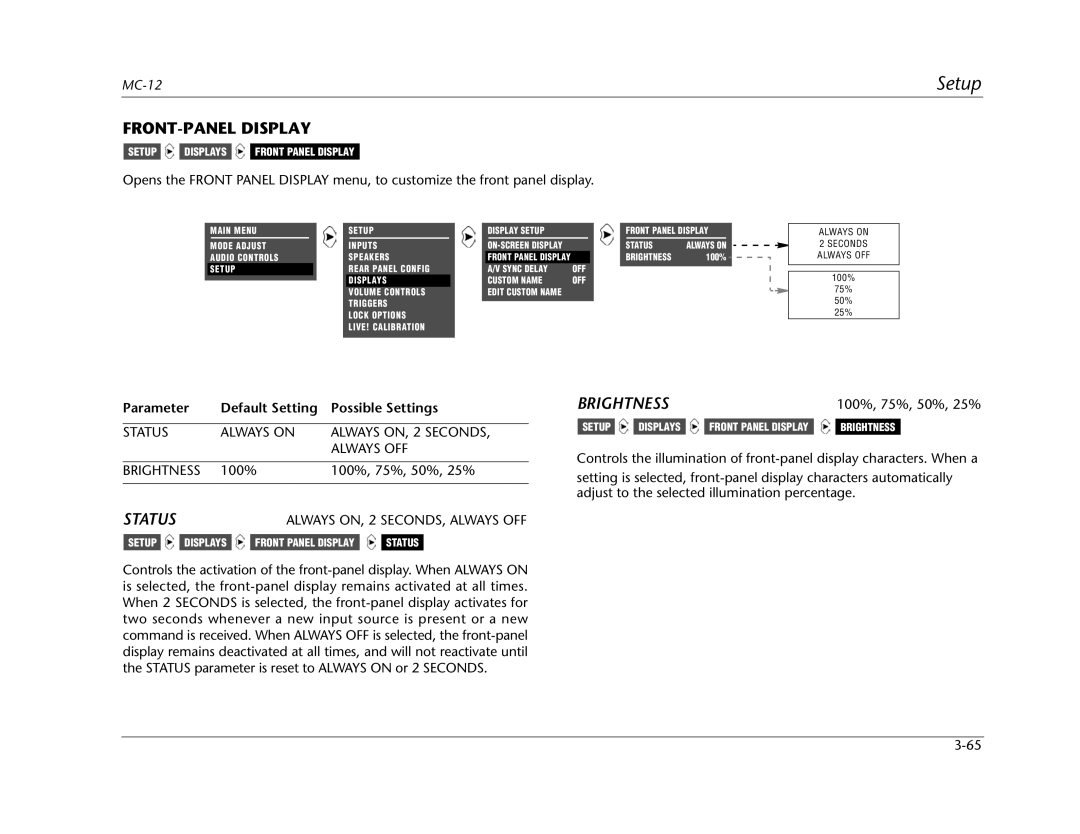 Lexicon MC-12 manual Status Always on Always ON, 2 Seconds Always OFF Brightness 