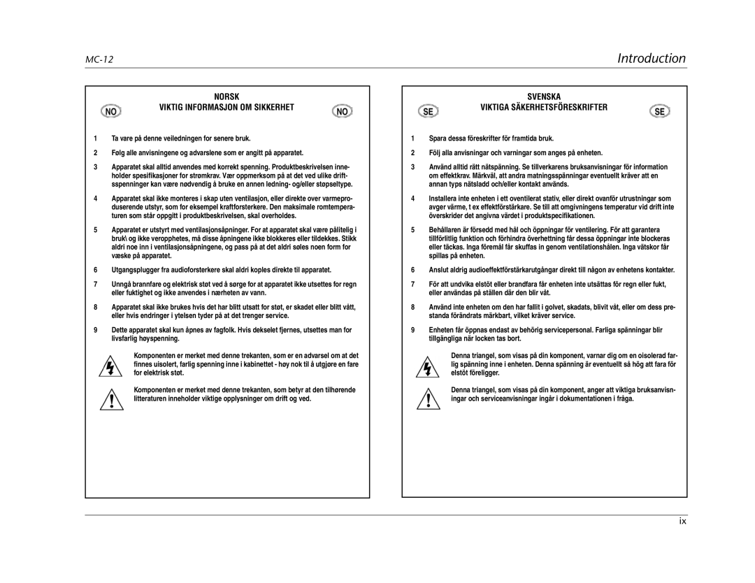 Lexicon MC-12 manual Norsk Viktig Informasjon OM Sikkerhet 