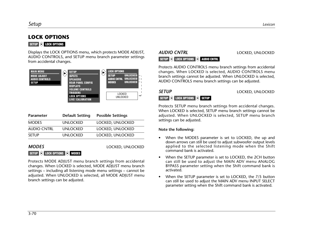 Lexicon MC-12 manual Lock Options, Modes Unlocked LOCKED, Unlocked Audio Cntrl Setup 