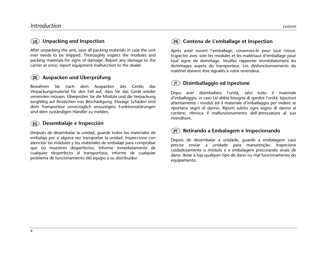 Lexicon MC-12 Unpacking and Inspection, Auspacken und Überprüfung, Desembalaje e Inspección, Disimballaggio ed Ispezione 