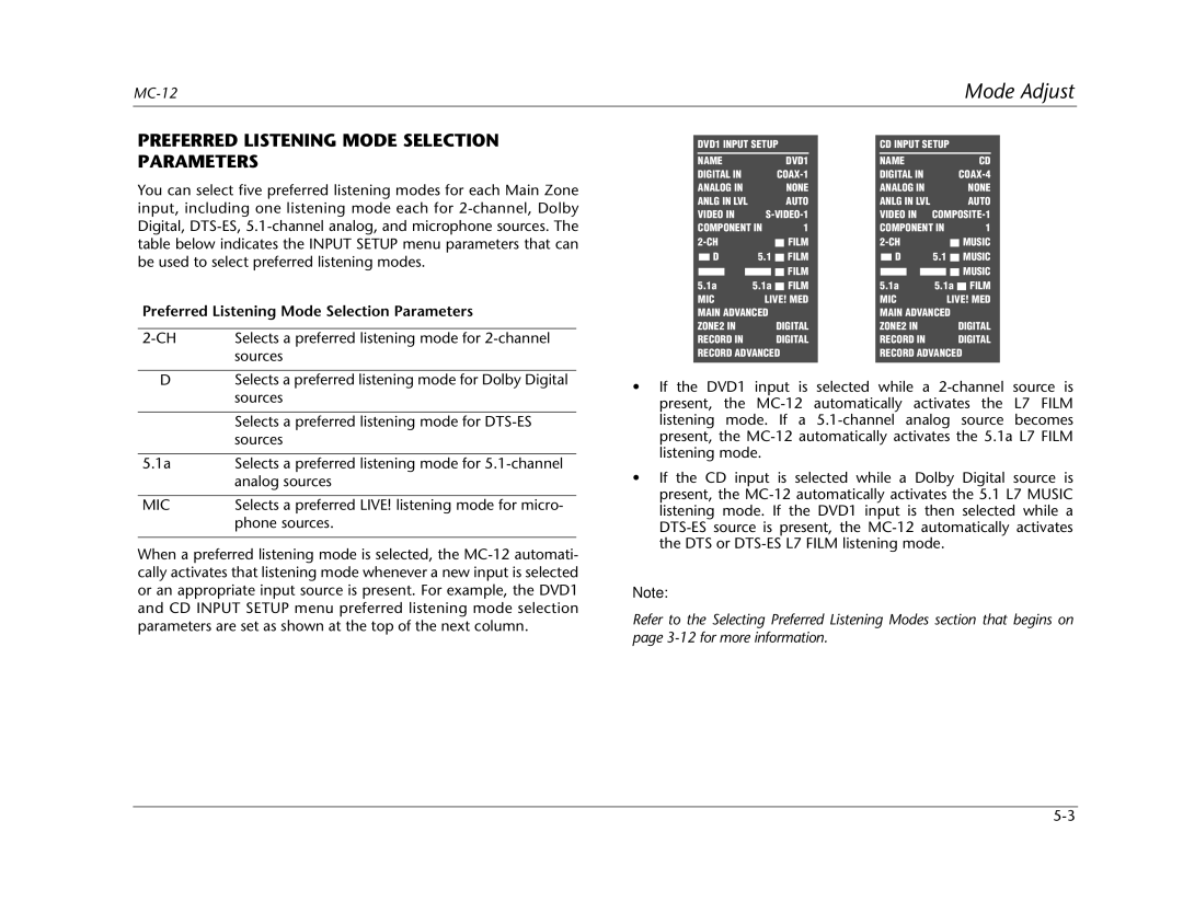 Lexicon MC-12 manual Mode Adjust, Preferred Listening Mode Selection Parameters 