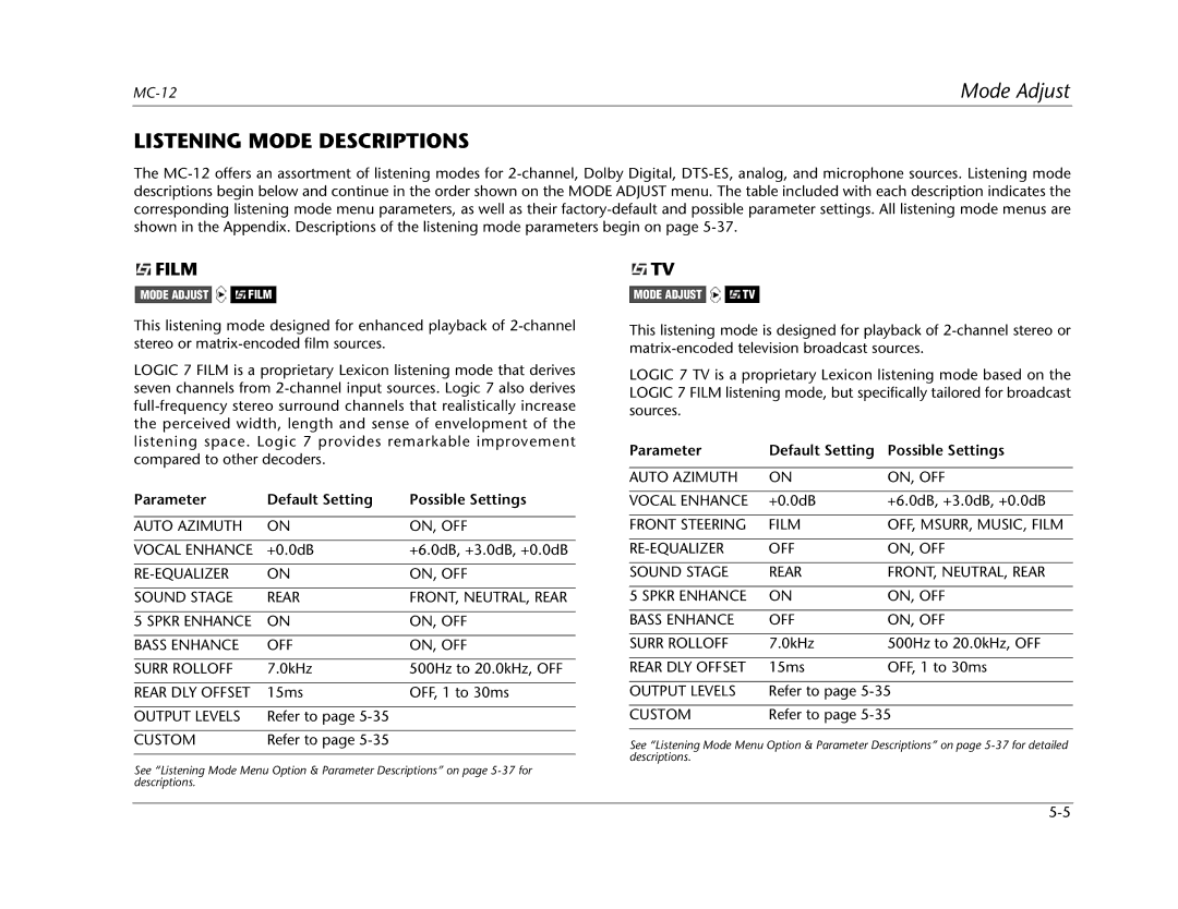 Lexicon MC-12 manual Listening Mode Descriptions, Film 