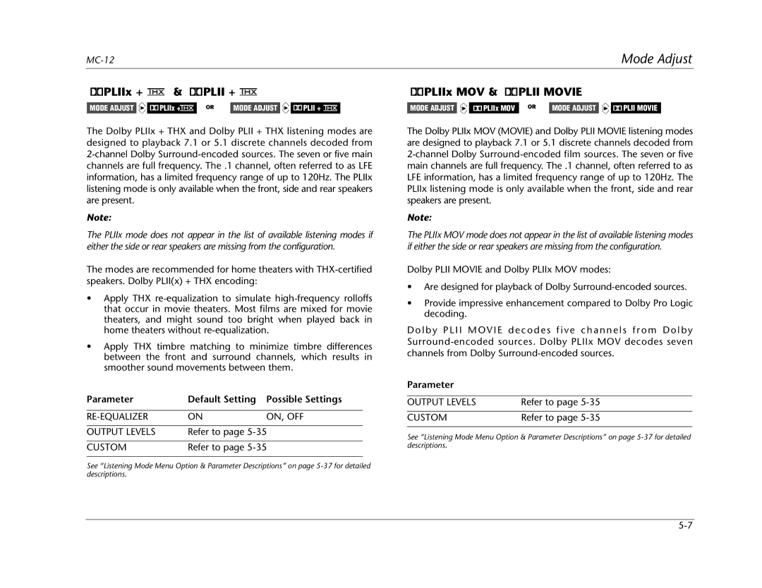 Lexicon MC-12 manual PLIIx + & Plii +, PLIIx MOV & Plii Movie, RE-EQUALIZER ON, OFF Output Levels 