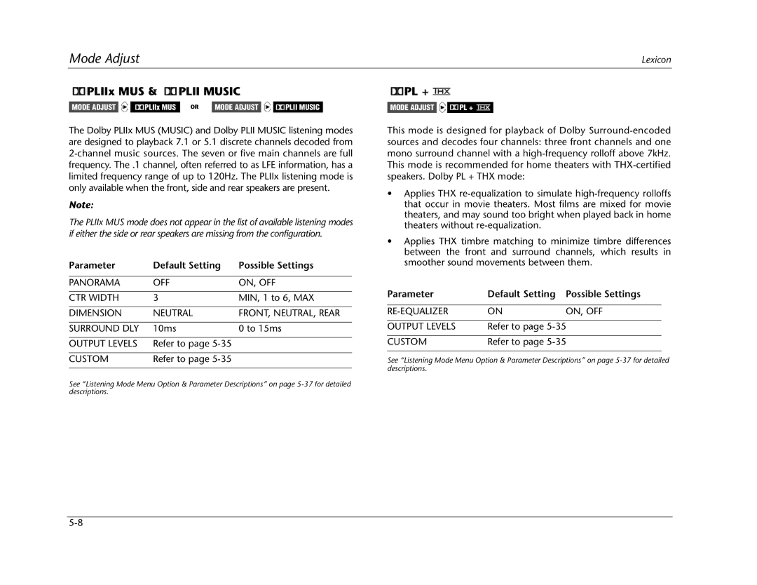 Lexicon MC-12 manual PLIIx MUS & Plii Music, Pl +, Panorama OFF ON, OFF CTR Width 