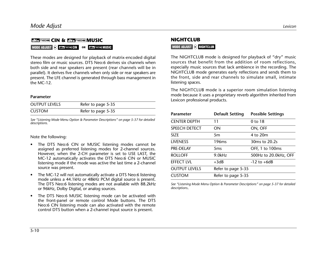 Lexicon MC-12 manual CIN & Music, Nightclub 