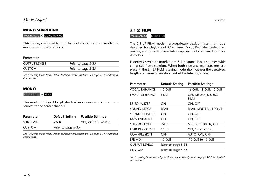 Lexicon MC-12 manual Mono Surround, Film, Compression OFF AUTO, ON, OFF LFE MIX 