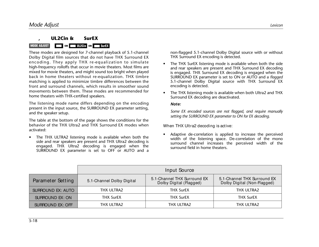 Lexicon MC-12 manual UL2Cin & SurEX, Input Source Parameter Setting, When THX Ultra2 decoding is active, THX SurEX 