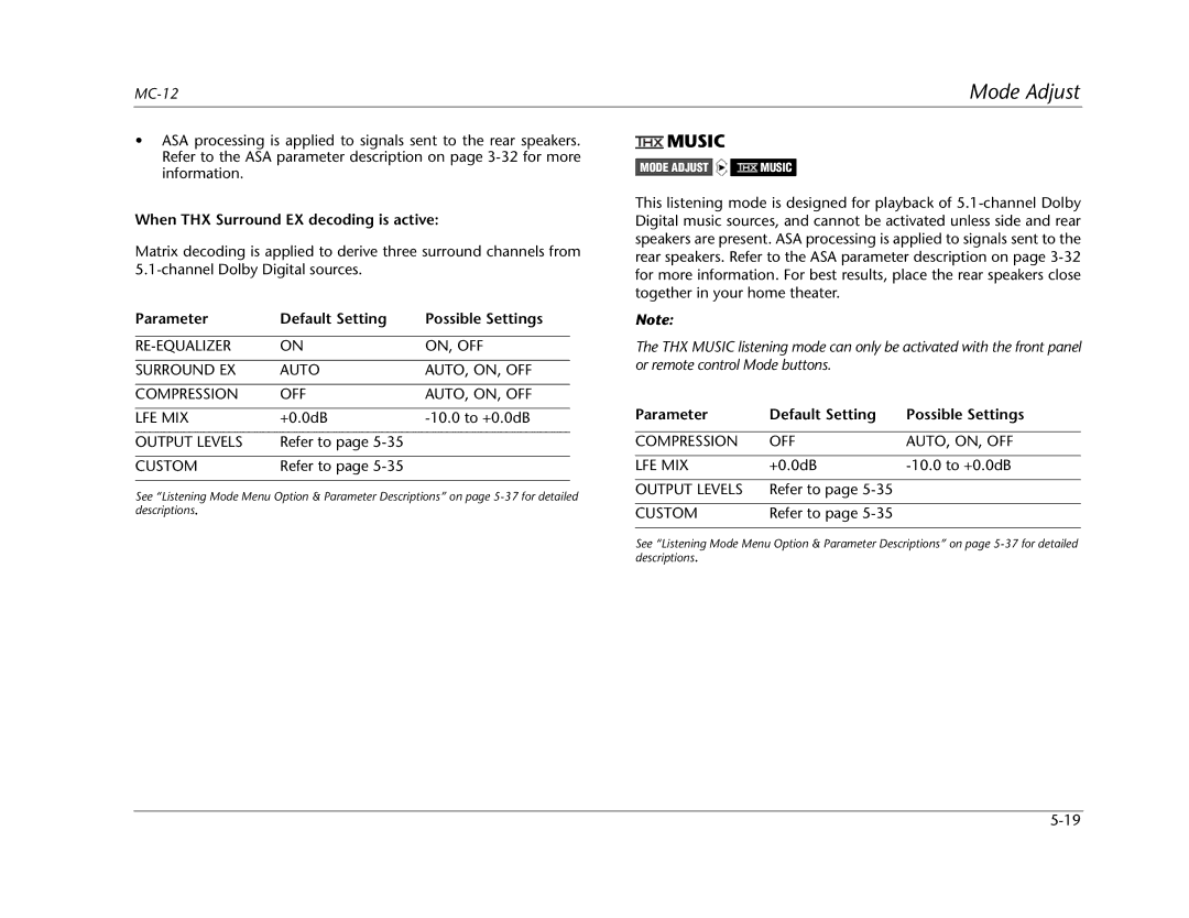 Lexicon MC-12 manual Music, When THX Surround EX decoding is active 