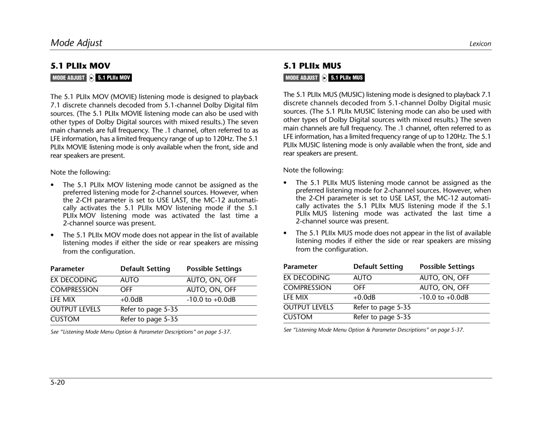 Lexicon MC-12 manual PLIIx MOV, PLIIx MUS, EX Decoding Auto AUTO, ON, OFF Compression LFE MIX 