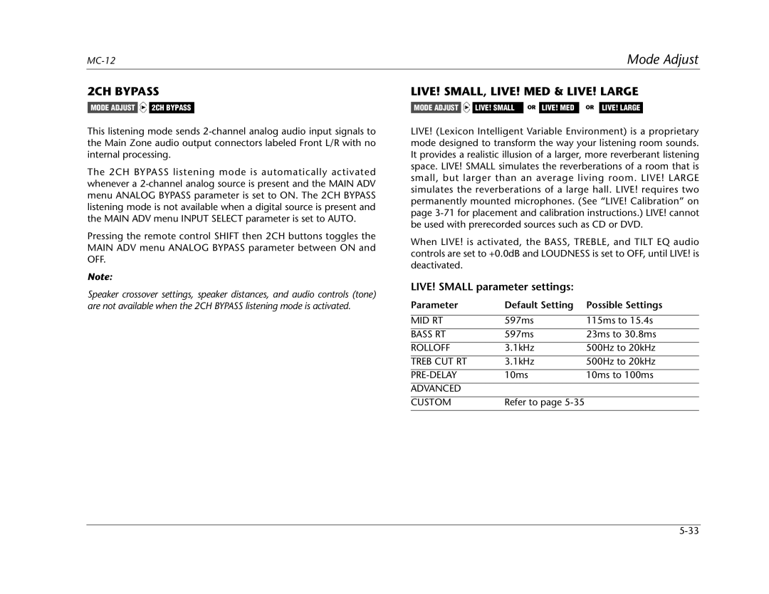 Lexicon MC-12 manual 2CH Bypass, LIVE! SMALL, LIVE! MED & LIVE! Large, Treb CUT RT, Advanced Custom 