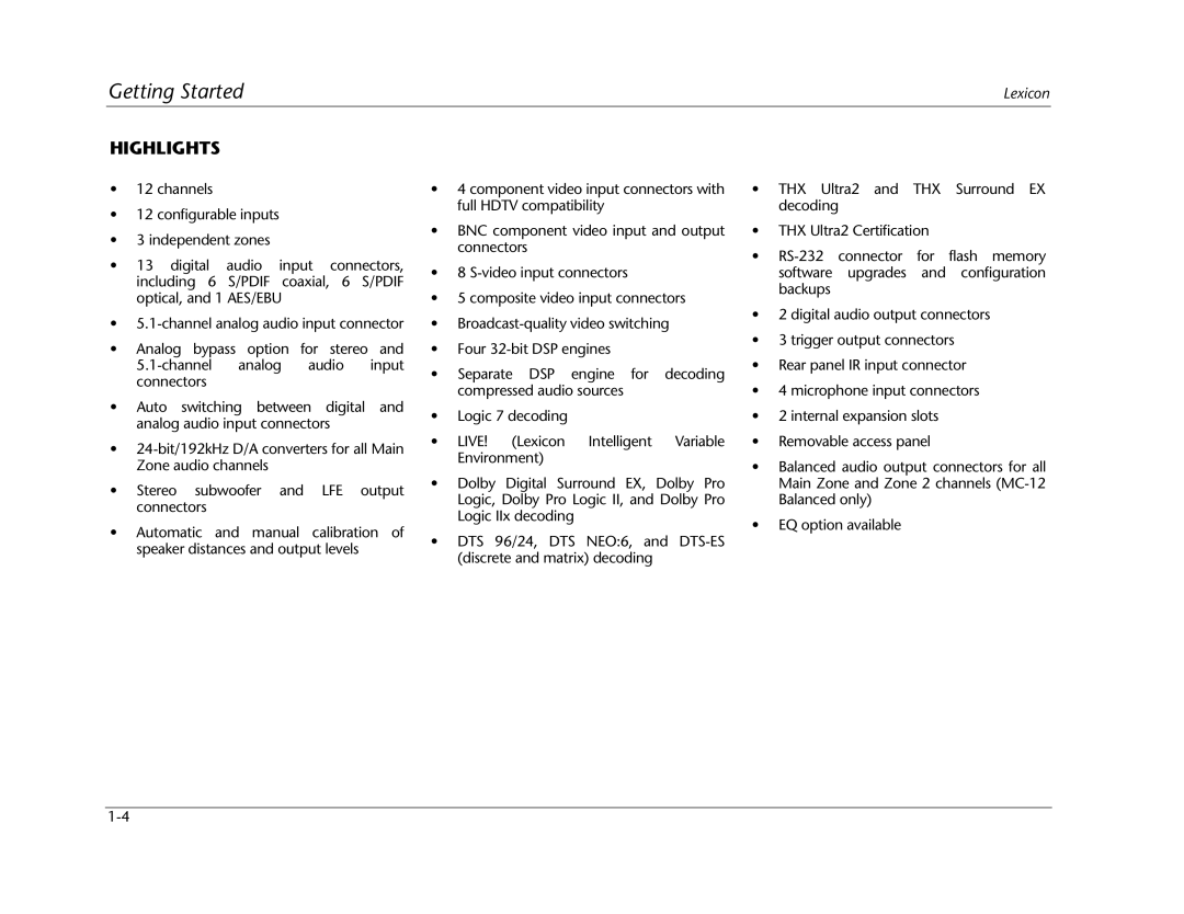 Lexicon MC-12 manual Highlights 