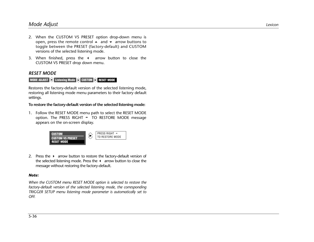 Lexicon MC-12 manual Reset Mode 