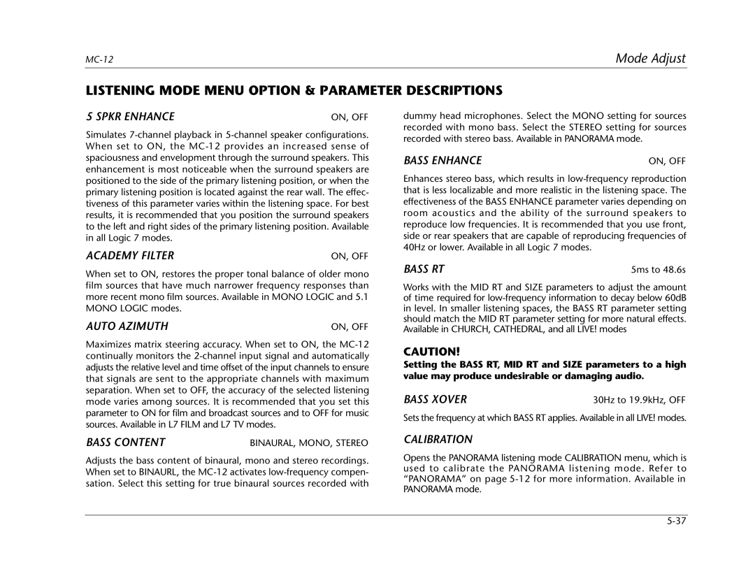 Lexicon MC-12 manual Listening Mode Menu Option & Parameter Descriptions 