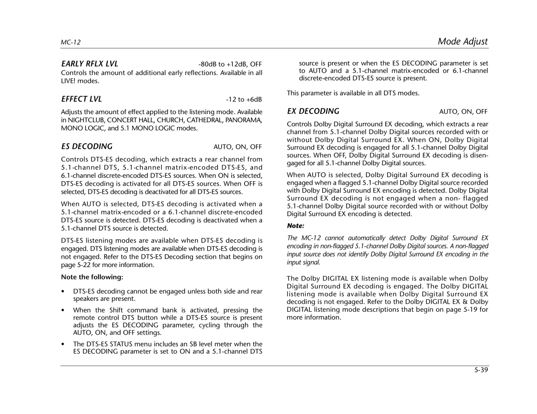 Lexicon MC-12 manual Effect LVL, ES Decoding, EX Decoding 